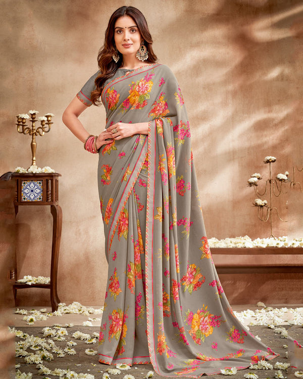 Vishal Prints Grey Printed Patterned Georgette Saree With Fancy Border