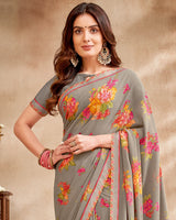 Vishal Prints Grey Printed Patterned Georgette Saree With Fancy Border