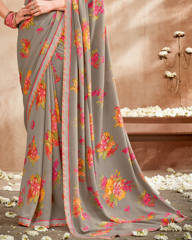 Vishal Prints Grey Printed Patterned Georgette Saree With Fancy Border