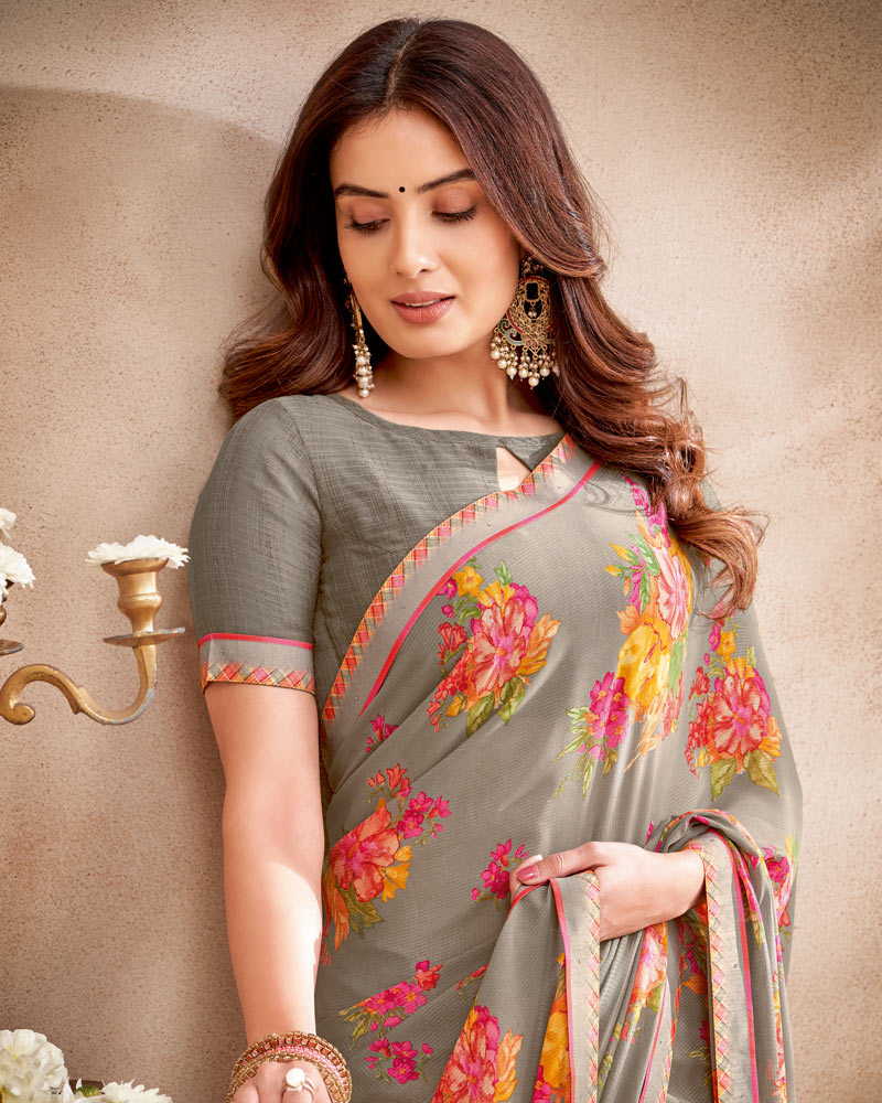 Vishal Prints Grey Printed Patterned Georgette Saree With Fancy Border