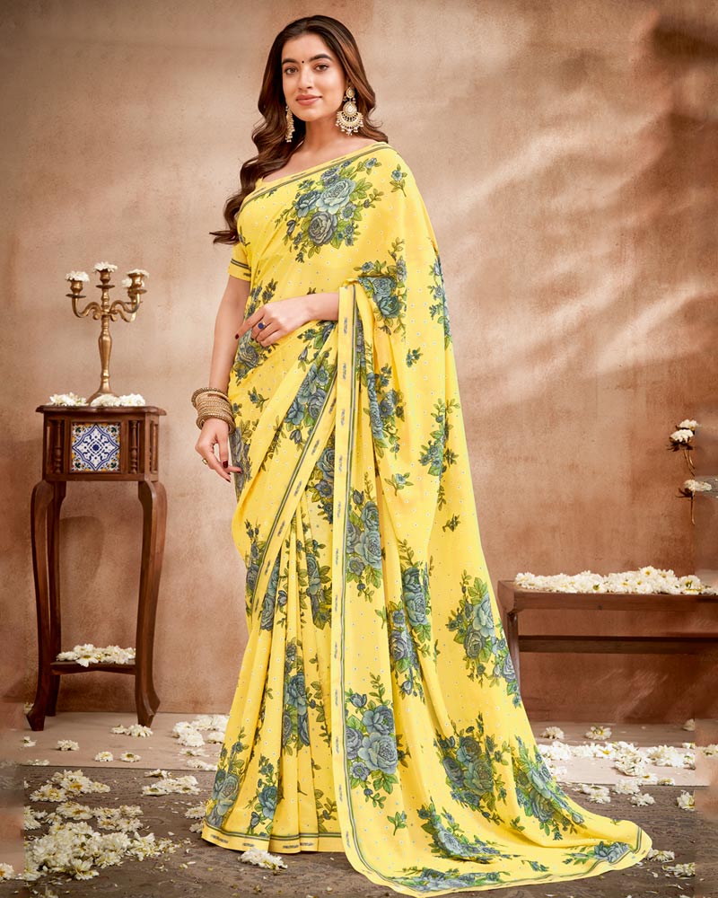 Vishal Prints Light Yellow Printed Patterned Georgette Saree With Fancy Border