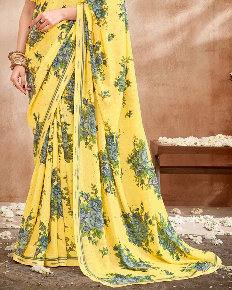 Vishal Prints Light Yellow Printed Patterned Georgette Saree With Fancy Border