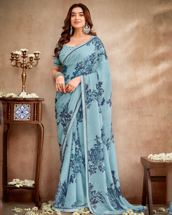 Vishal Prints Pastel Bluish Grey Printed Patterned Georgette Saree With Fancy Border