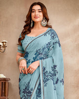 Vishal Prints Pastel Bluish Grey Printed Patterned Georgette Saree With Fancy Border