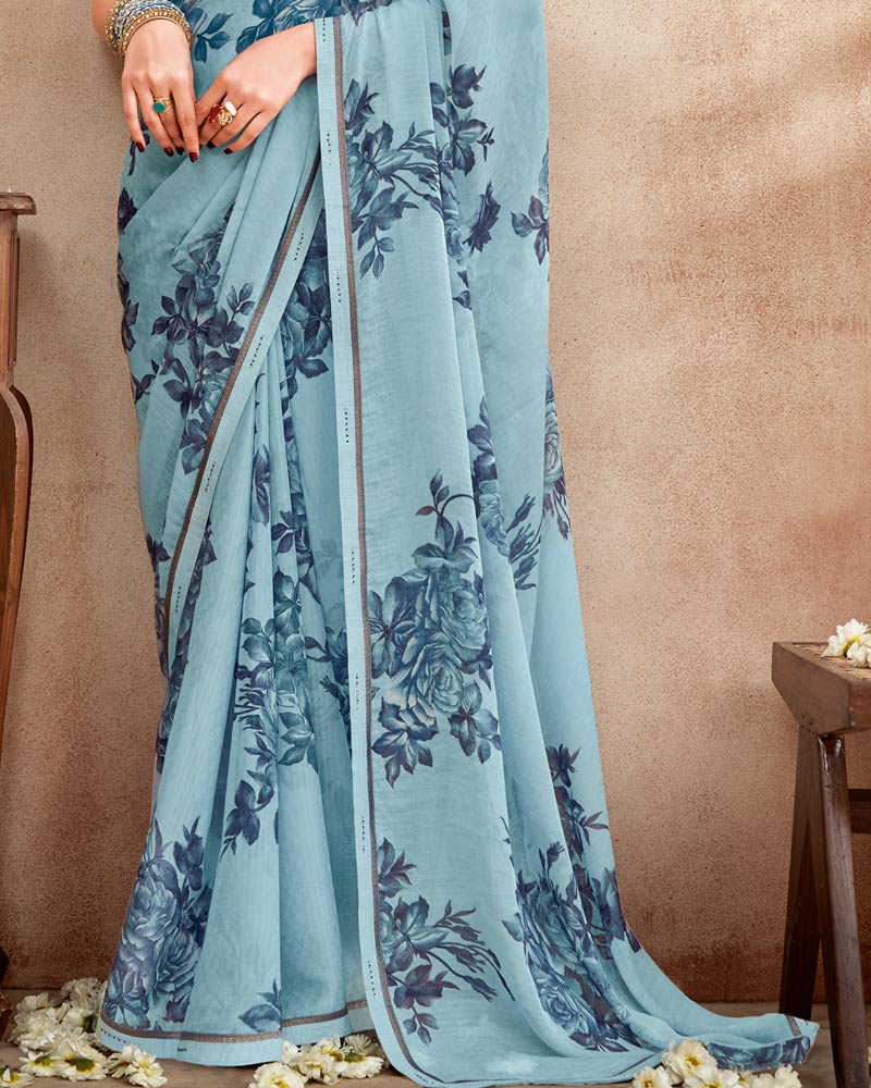 Vishal Prints Pastel Bluish Grey Printed Patterned Georgette Saree With Fancy Border