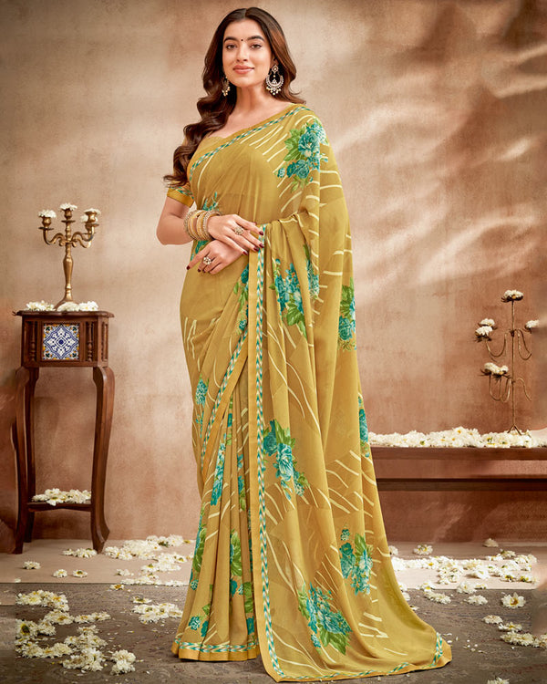 Vishal Prints Dark Mustard Printed Patterned Georgette Saree With Fancy Border