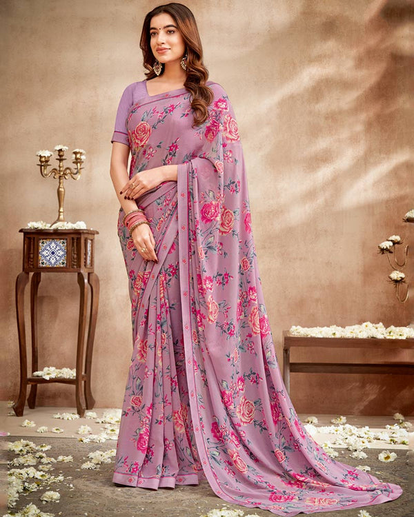 Vishal Prints Mauve Printed Patterned Georgette Saree With Fancy Border