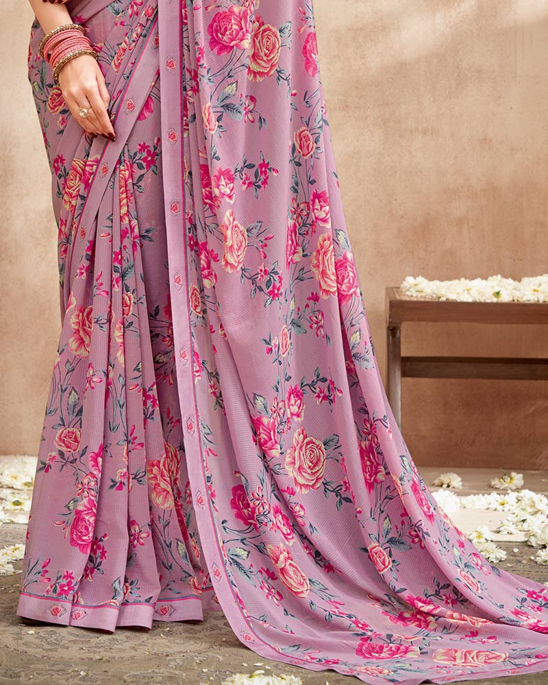 Vishal Prints Mauve Printed Patterned Georgette Saree With Fancy Border