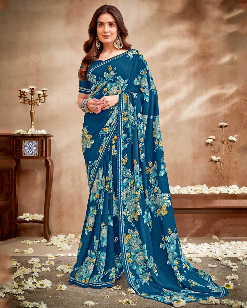 Vishal Prints Dark Ink Blue Printed Patterned Georgette Saree With Fancy Border