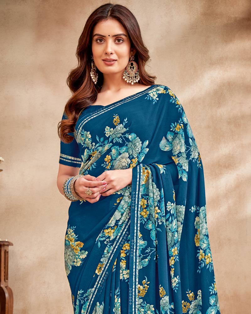 Vishal Prints Dark Ink Blue Printed Patterned Georgette Saree With Fancy Border