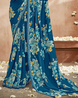 Vishal Prints Dark Ink Blue Printed Patterned Georgette Saree With Fancy Border