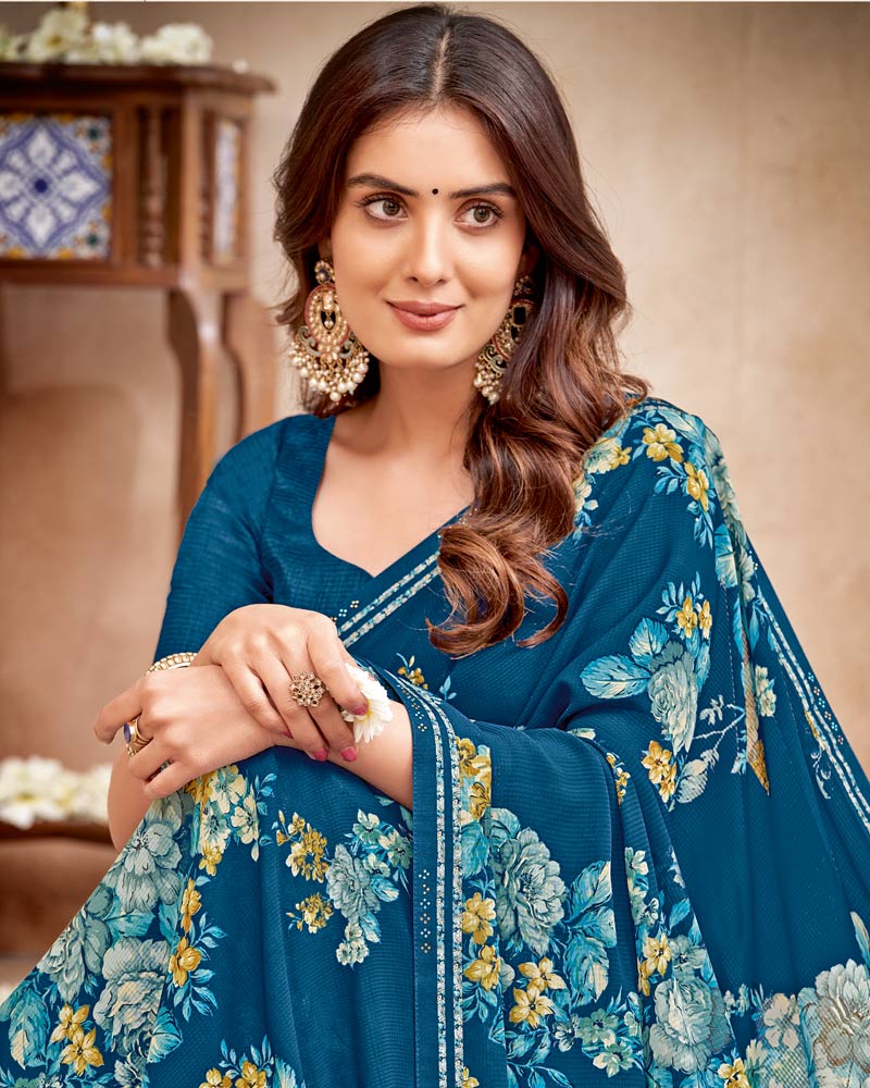 Vishal Prints Dark Ink Blue Printed Patterned Georgette Saree With Fancy Border