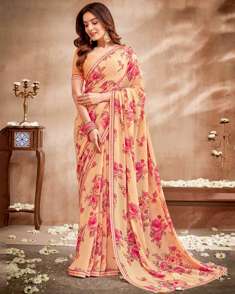 Vishal Prints Pastel Orange Printed Patterned Georgette Saree With Fancy Border