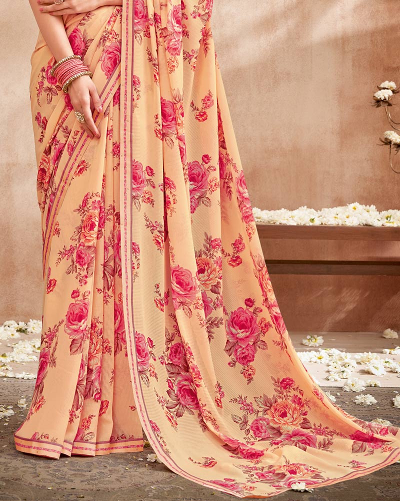 Vishal Prints Pastel Orange Printed Patterned Georgette Saree With Fancy Border