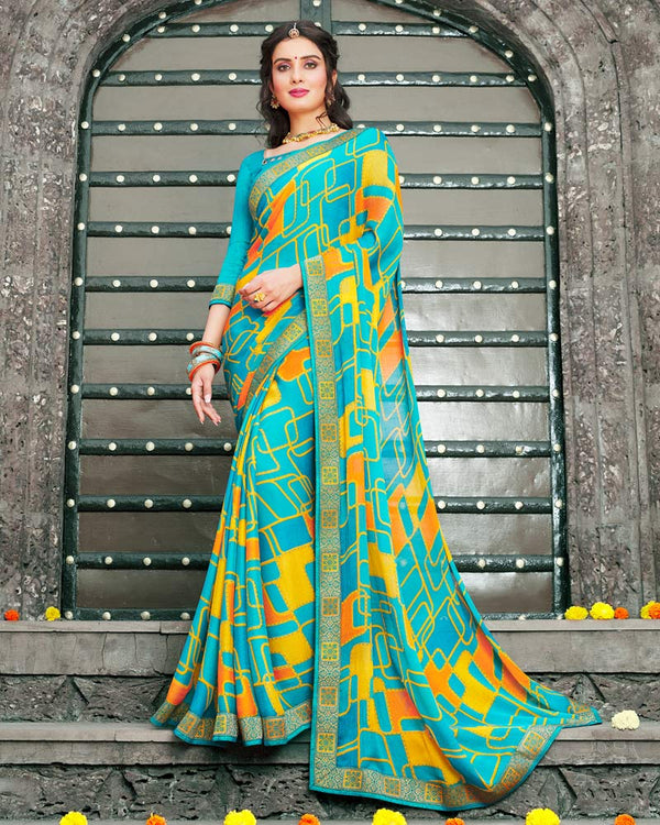 Vishal Prints Sky Blue Printed Chiffon Saree With Zari Border