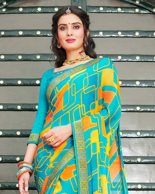 Vishal Prints Sky Blue Printed Chiffon Saree With Zari Border