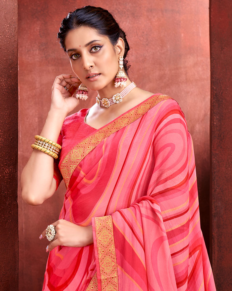 Vishal Prints Dark Pink Chiffon Saree With Zari Border