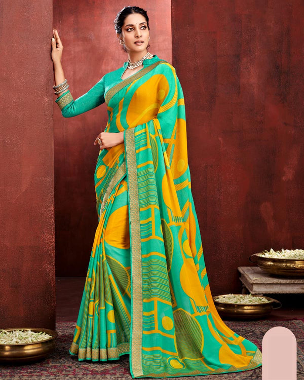 Vishal Prints Yellow And Teal Chiffon Saree With Zari Border