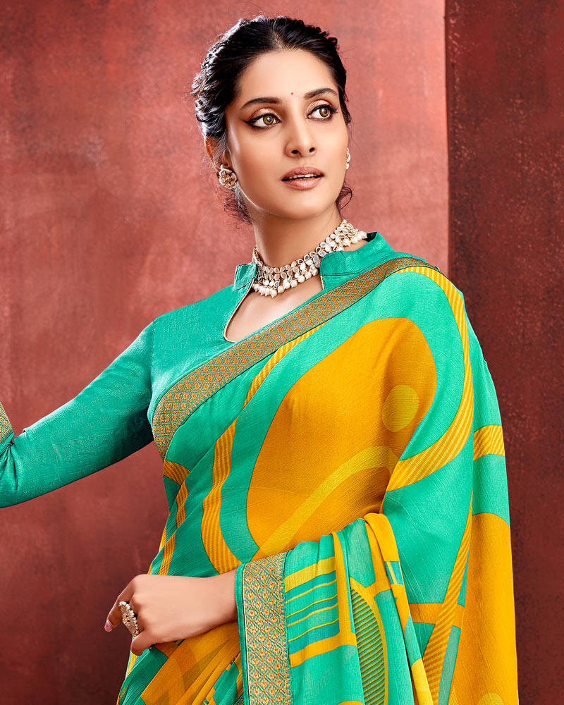 Vishal Prints Yellow And Teal Chiffon Saree With Zari Border