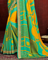 Vishal Prints Yellow And Teal Chiffon Saree With Zari Border