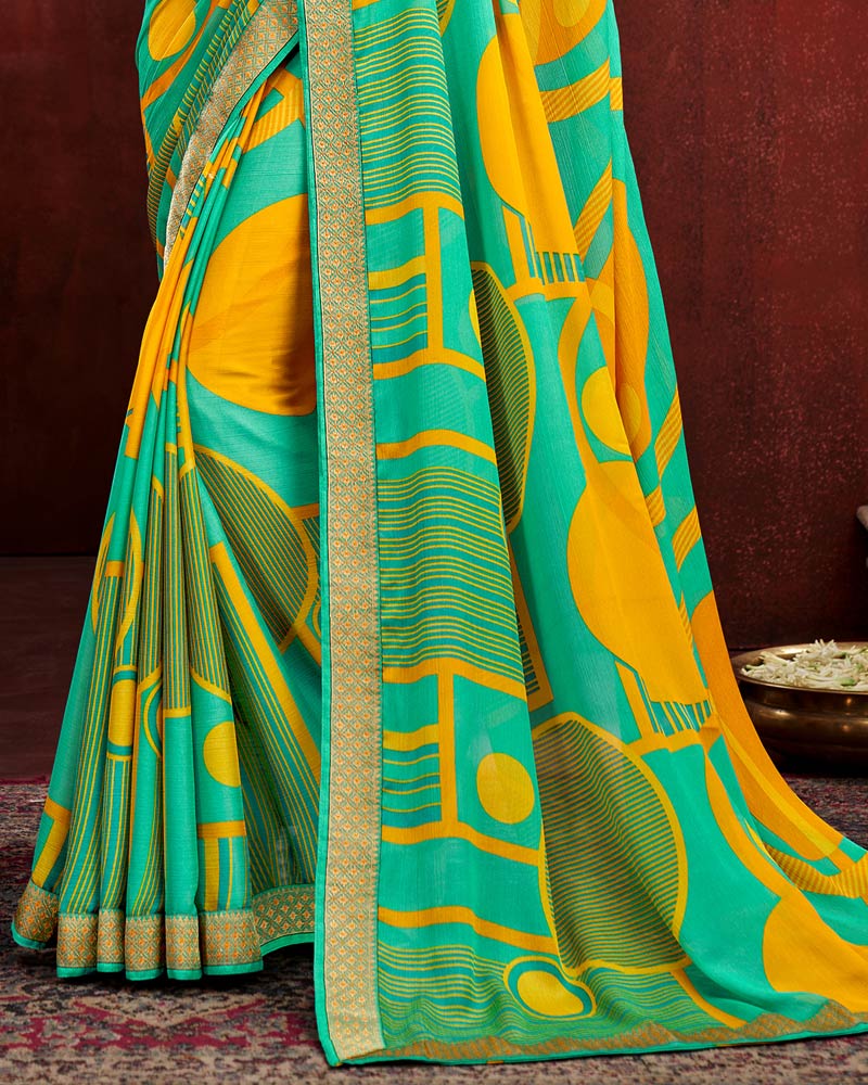 Vishal Prints Yellow And Teal Chiffon Saree With Zari Border