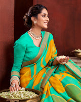 Vishal Prints Yellow And Teal Chiffon Saree With Zari Border