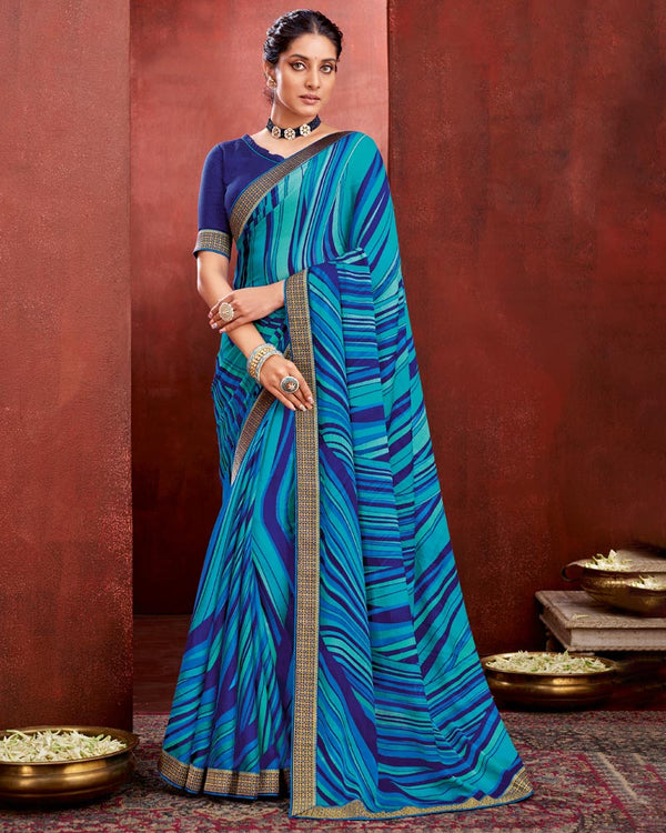 Vishal Prints Sky Blue Chiffon Saree With Zari Border