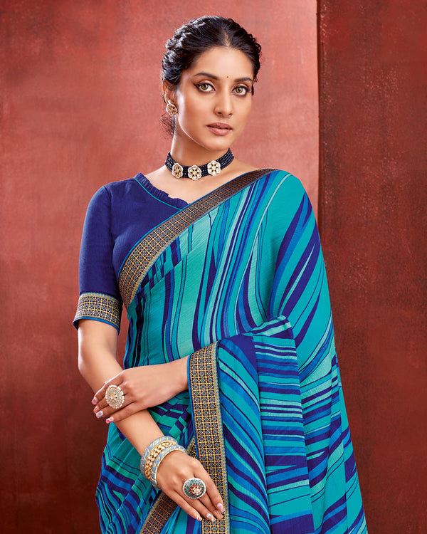 Vishal Prints Sky Blue Chiffon Saree With Zari Border