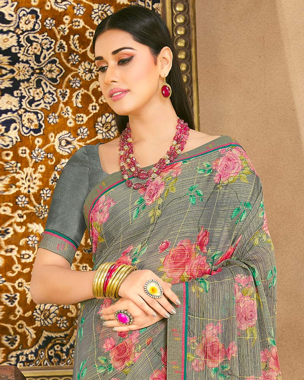 Vishal Prints Sand Grey Fancy Chiffon Digital Print Saree With Border