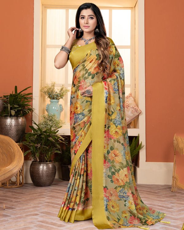 Vishal Prints Apache Yellow Digital Print Brasso Saree With Tassel