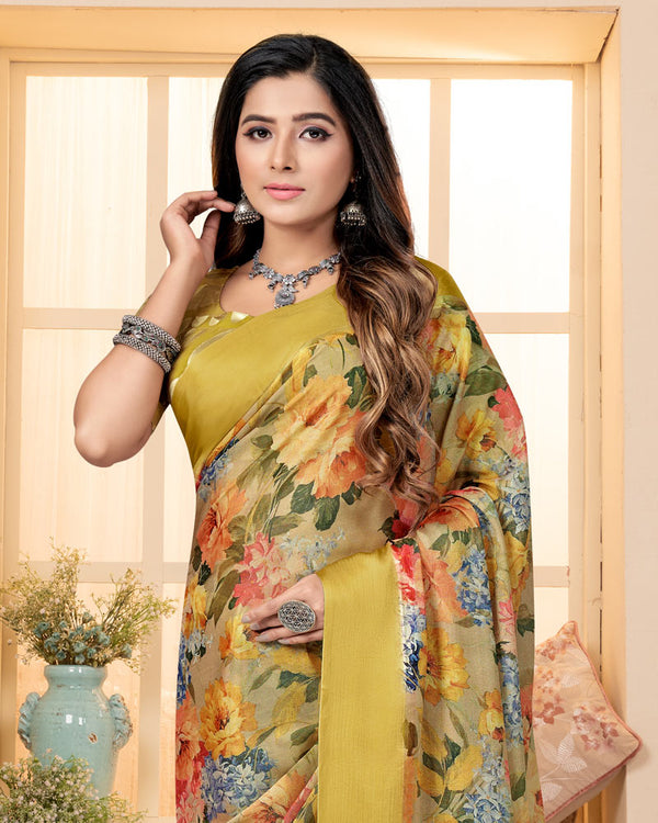 Vishal Prints Apache Yellow Digital Print Brasso Saree With Tassel