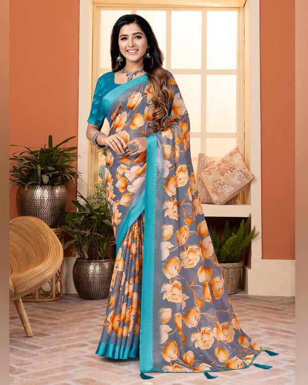 Vishal Prints Cool Grey Digital Print Brasso Saree With Tassel