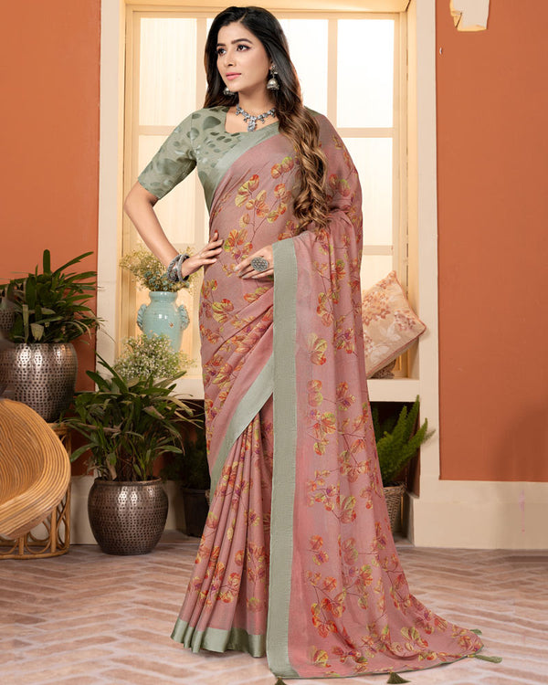 Vishal Prints Pinkish Tan Digital Print Brasso Saree With Tassel