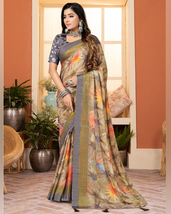 Vishal Prints Muesli Green Digital Print Brasso Saree With Tassel