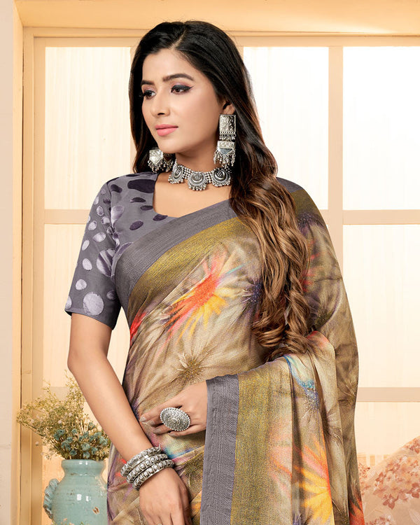 Vishal Prints Muesli Green Digital Print Brasso Saree With Tassel