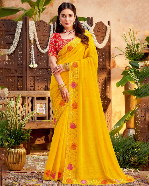 Vishal Prints Golden Yellow Designer Patterned Chiffon Saree With Embroidery And Diamond Work