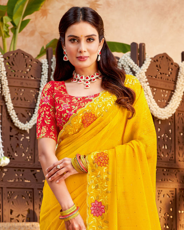 Vishal Prints Golden Yellow Designer Patterned Chiffon Saree With Embroidery And Diamond Work