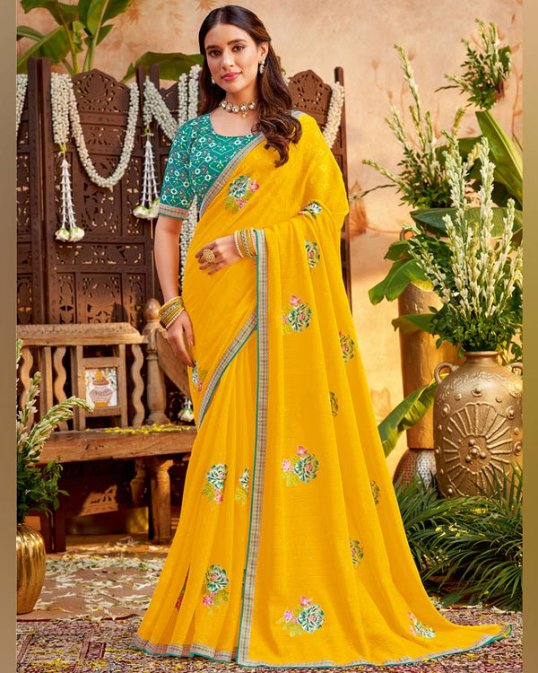 Vishal Prints Golden Yellow Designer Patterned Chiffon Saree With Embroidery And Diamond Work