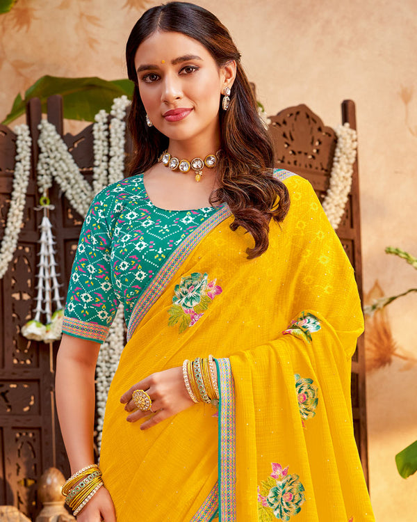 Vishal Prints Golden Yellow Designer Patterned Chiffon Saree With Embroidery And Diamond Work