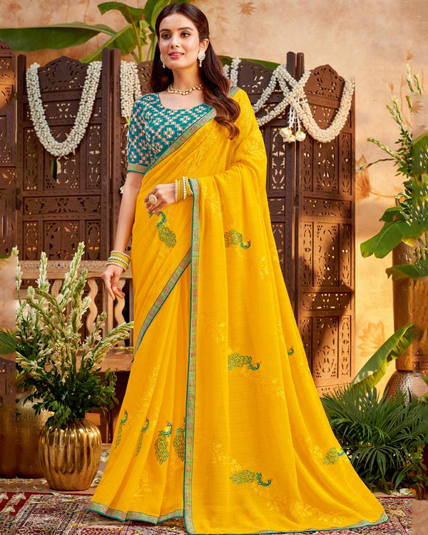 Vishal Prints Golden Yellow Designer Patterned Chiffon Saree With Embroidery And Diamond Work