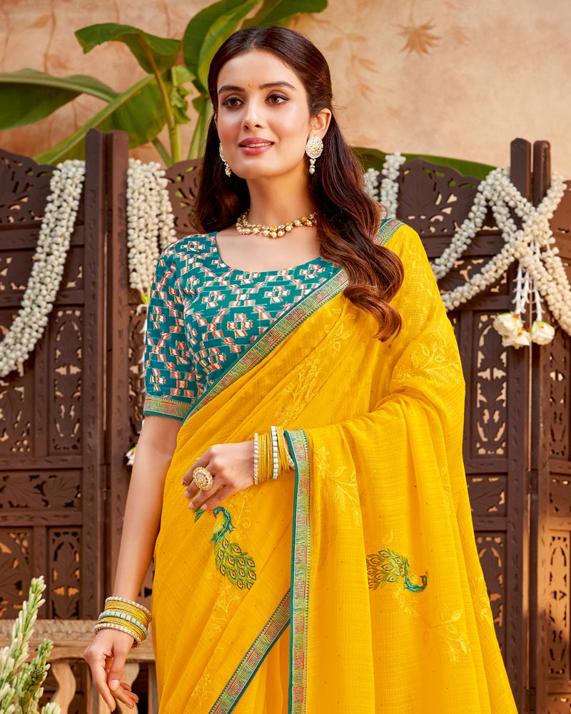 Vishal Prints Golden Yellow Designer Patterned Chiffon Saree With Embroidery And Diamond Work