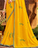 Vishal Prints Golden Yellow Designer Patterned Chiffon Saree With Embroidery And Diamond Work