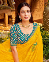 Vishal Prints Golden Yellow Designer Patterned Chiffon Saree With Embroidery And Diamond Work