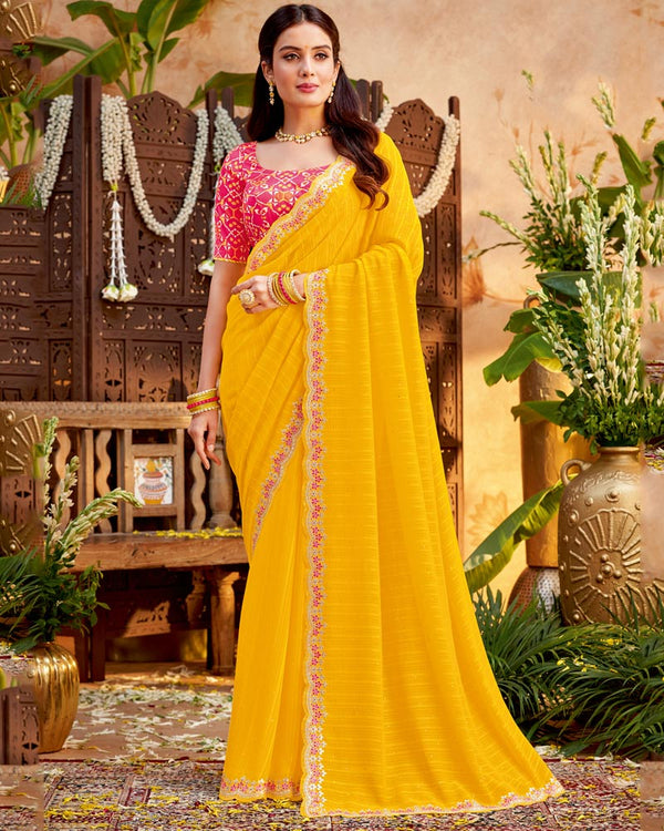 Vishal Prints Golden Yellow Designer Patterned Chiffon Saree With Embroidery And Diamond Work