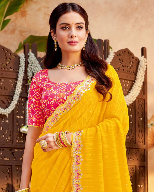 Vishal Prints Golden Yellow Designer Patterned Chiffon Saree With Embroidery And Diamond Work