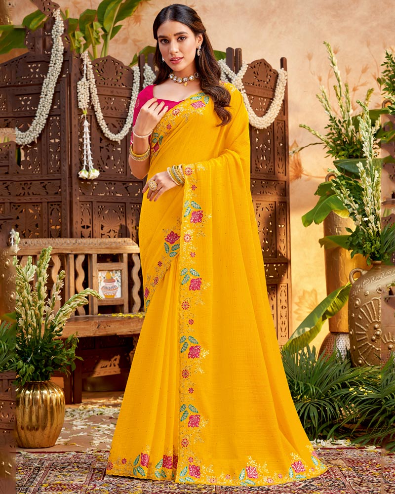 Vishal Prints Golden Yellow Designer Patterned Chiffon Saree With Embroidery And Diamond Work