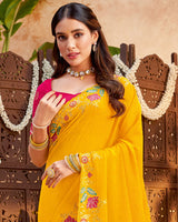 Vishal Prints Golden Yellow Designer Patterned Chiffon Saree With Embroidery And Diamond Work