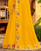 Vishal Prints Golden Yellow Designer Patterned Chiffon Saree With Embroidery And Diamond Work