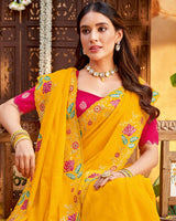 Vishal Prints Golden Yellow Designer Patterned Chiffon Saree With Embroidery And Diamond Work