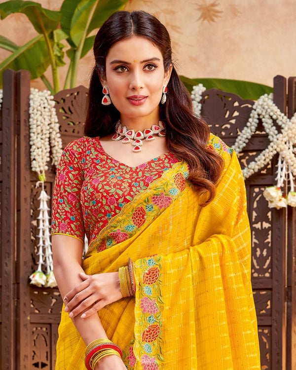 Vishal Prints Golden Yellow Designer Patterned Chiffon Saree With Embroidery And Diamond Work